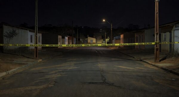 Rua em Sobradinho isolada por fita policial após briga fatal, com marcas no chão e casas ao fundo.