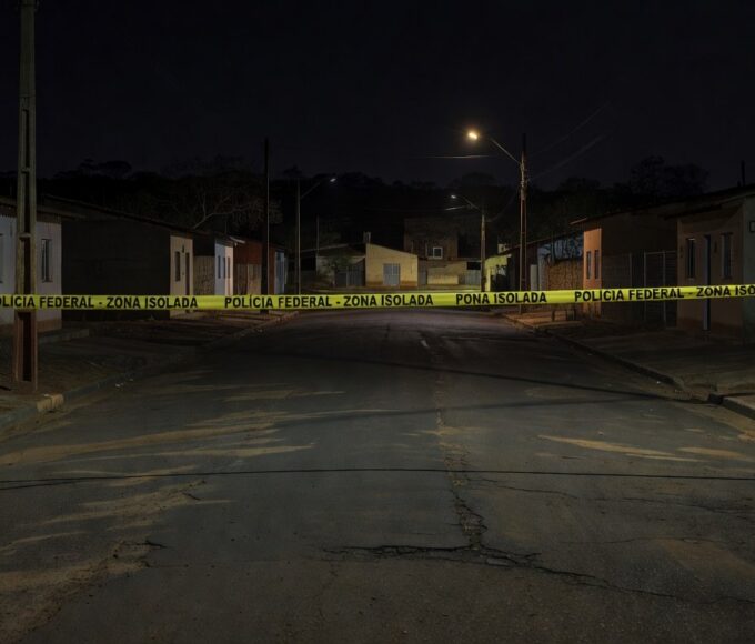 Rua em Sobradinho isolada por fita policial após briga fatal, com marcas no chão e casas ao fundo.