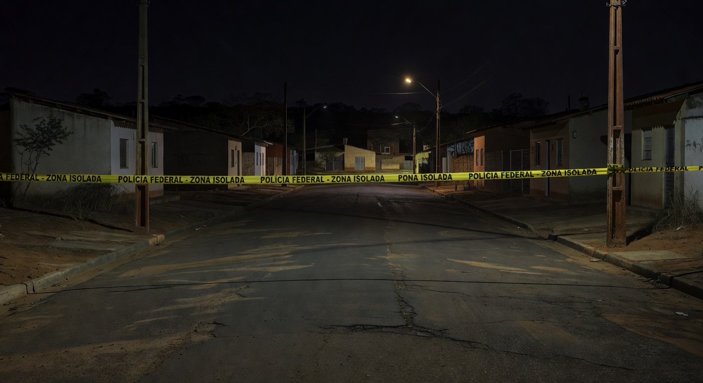 Rua em Sobradinho isolada por fita policial após briga fatal, com marcas no chão e casas ao fundo.