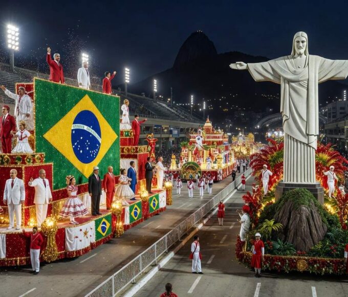 Desfile de samba no carnaval brasileiro com alegorias coloridas, representando homenagem política criticada pela oposição e ameaça de ação judicial.