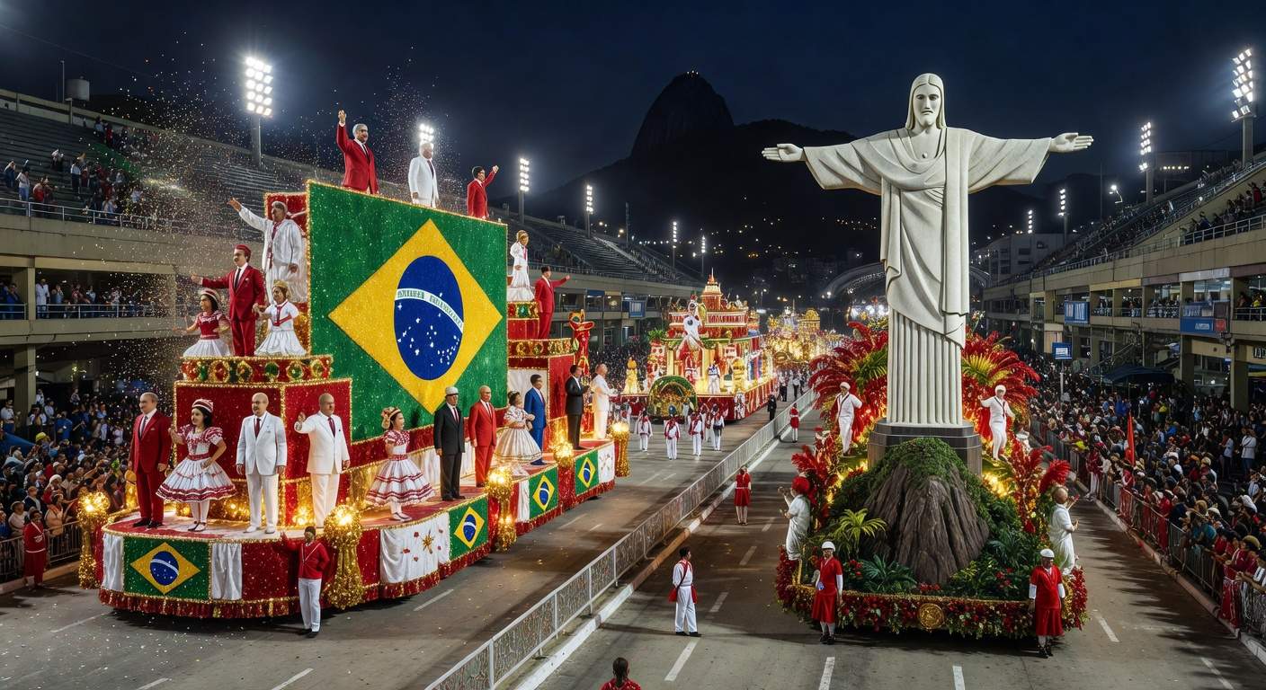 Desfile de samba no carnaval brasileiro com alegorias coloridas, representando homenagem política criticada pela oposição e ameaça de ação judicial.