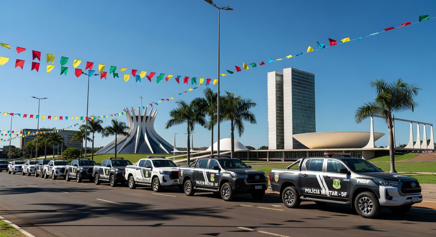 Viaturas da PMDF em rua decorada para Carnaval no Distrito Federal, reforçando a segurança.