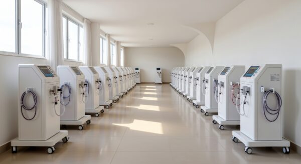 Sala de nefrologia no Hospital de Taguatinga com 29 novas máquinas de diálise, em ambiente hospitalar moderno no Brasil.