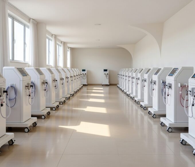 Sala de nefrologia no Hospital de Taguatinga com 29 novas máquinas de diálise, em ambiente hospitalar moderno no Brasil.
