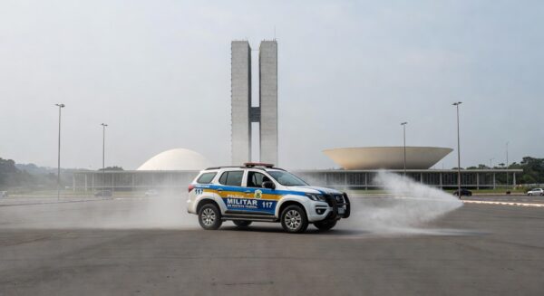 Viatura da PMDF em Brasília com canister de spray de pimenta no chão, em frente ao Congresso Nacional.