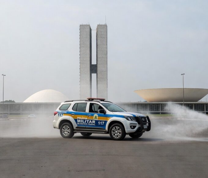 Viatura da PMDF em Brasília com canister de spray de pimenta no chão, em frente ao Congresso Nacional.