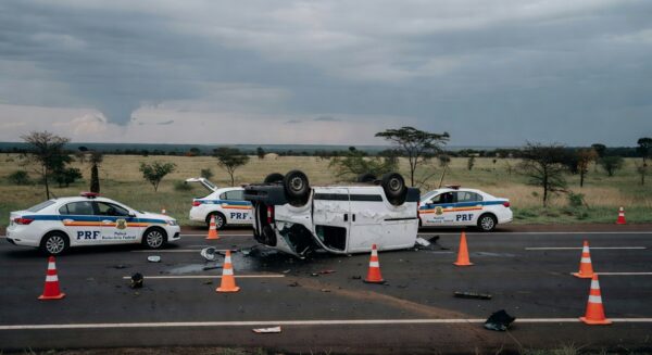 Cena de acidente com van tombada na BR-020 em Planaltina, com viaturas da polícia rodoviária federal ao fundo.