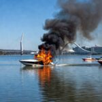 Lancha pegando fogo no Lago Paranoá, com fumaça e chamas, em Brasília, sem pessoas.