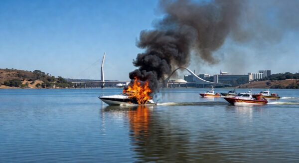 Lancha pegando fogo no Lago Paranoá, com fumaça e chamas, em Brasília, sem pessoas.
