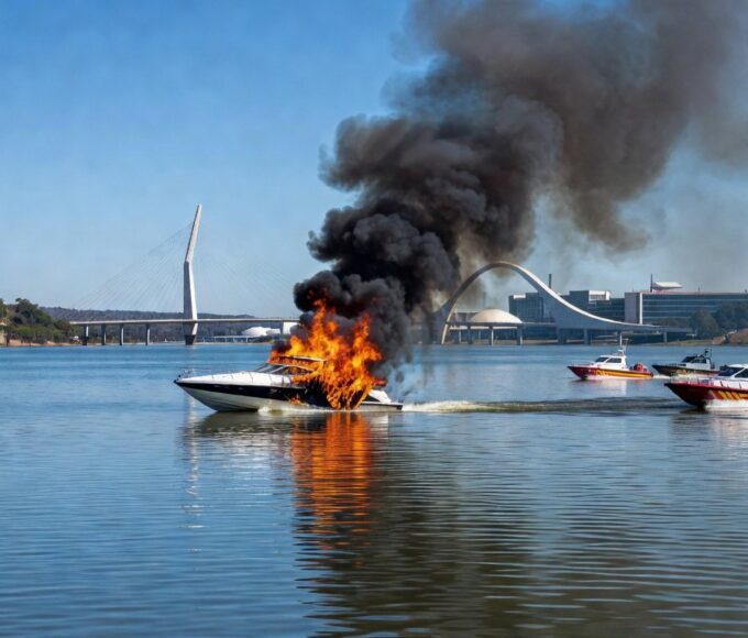 Lancha pegando fogo no Lago Paranoá, com fumaça e chamas, em Brasília, sem pessoas.