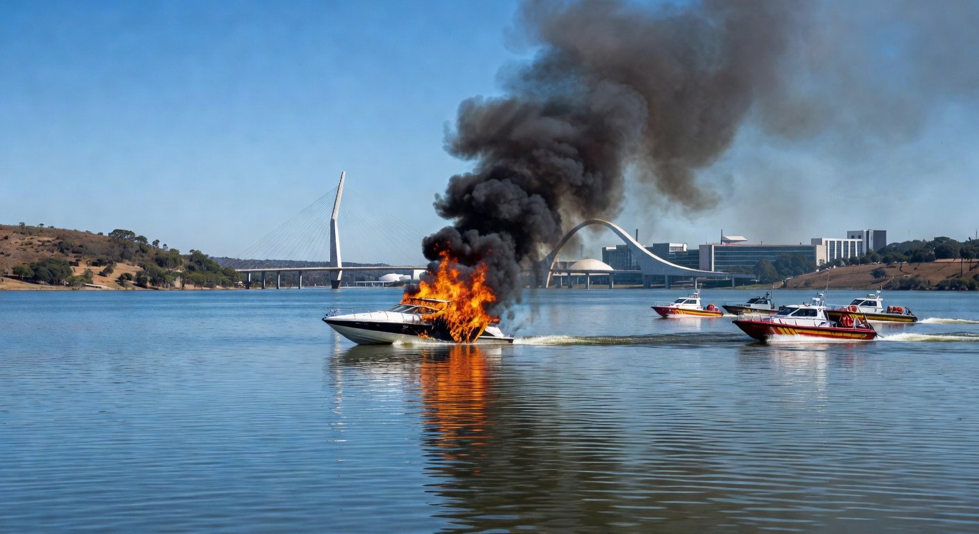 Lancha pegando fogo no Lago Paranoá, com fumaça e chamas, em Brasília, sem pessoas.