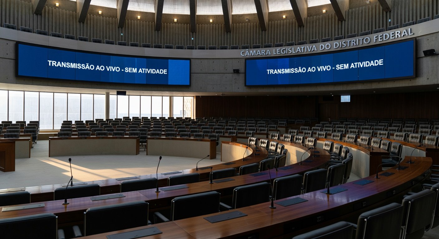 Sala de sessões vazia da CLDF em Brasília, com microfones e telas de transmissão ao vivo, representando estagnação em debates legislativos.