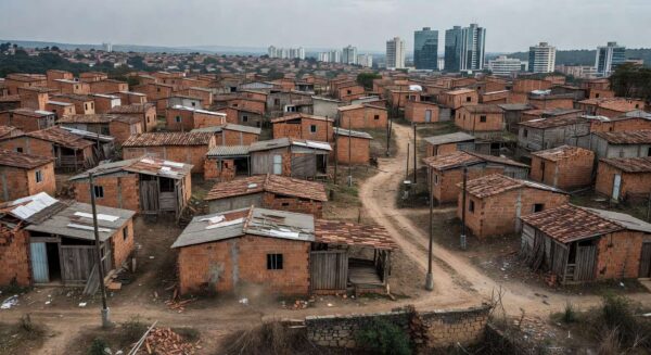 Área de favela em Brasília com moradias precárias, ilustrando falhas no combate ao déficit habitacional.