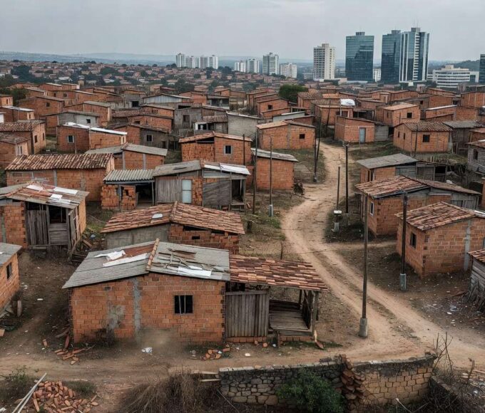 Área de favela em Brasília com moradias precárias, ilustrando falhas no combate ao déficit habitacional.