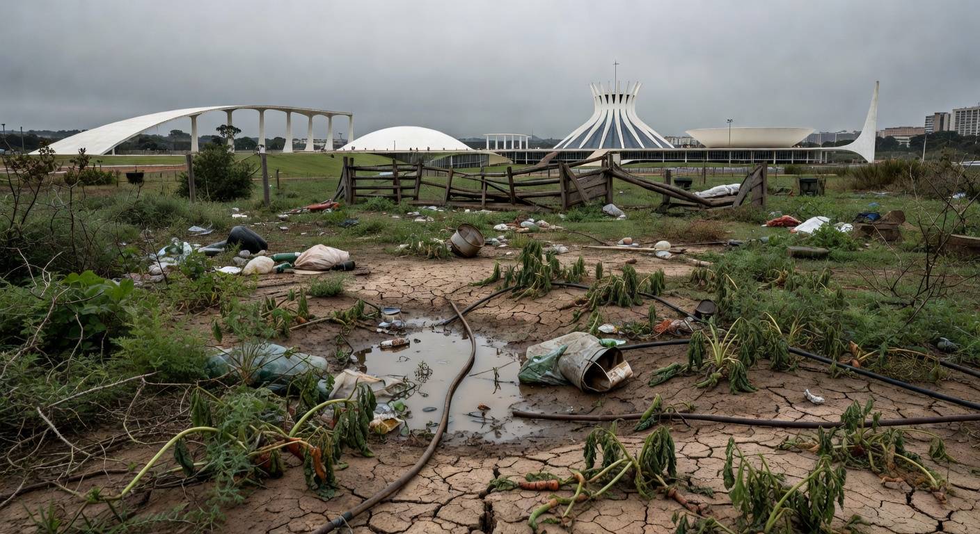 Horta urbana negligenciada em Brasília, com plantas secas e solo árido, ao fundo prédios icônicos, ilustrando falhas na agricultura urbana expostas pela CLDF.