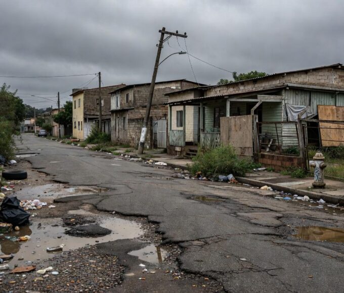 Rua abandonada em Nova Colina com falhas na infraestrutura como buracos e lixo, destacando denúncias na CLDF.