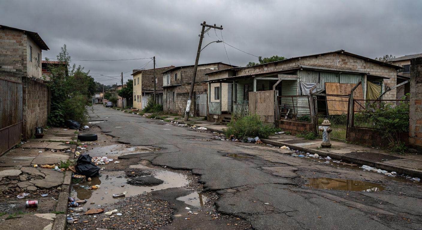 Rua abandonada em Nova Colina com falhas na infraestrutura como buracos e lixo, destacando denúncias na CLDF.