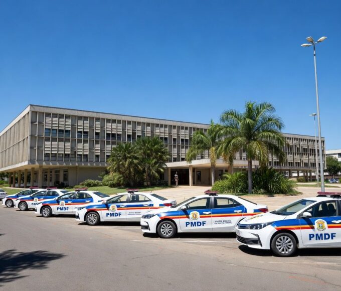 Viaturas da Polícia Militar do DF estacionadas em frente a uma escola em Brasília, em estilo fotojornalístico.