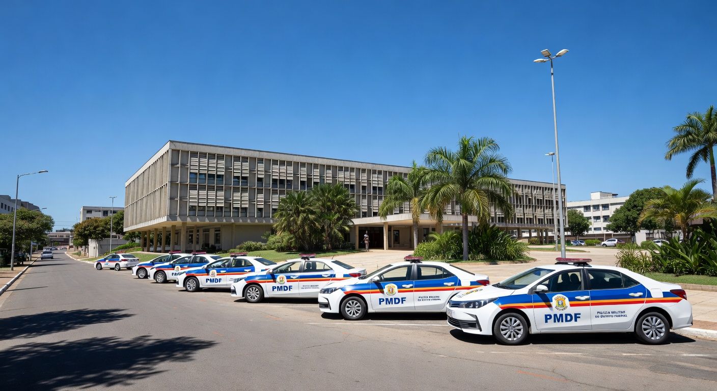 Viaturas da Polícia Militar do DF estacionadas em frente a uma escola em Brasília, em estilo fotojornalístico.