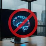 Tela de computador com alerta de IA recusando gerar desinformação, em escritório brasileiro.