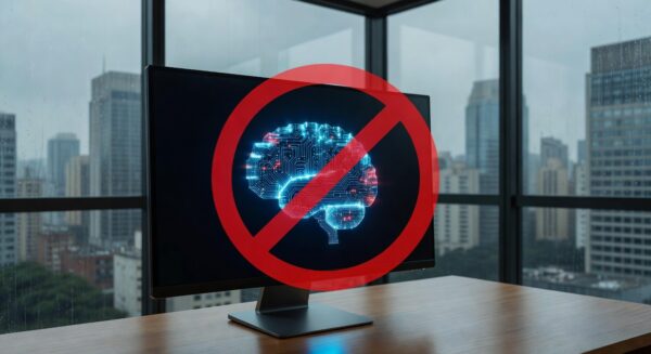 Tela de computador com alerta de IA recusando gerar desinformação, em escritório brasileiro.