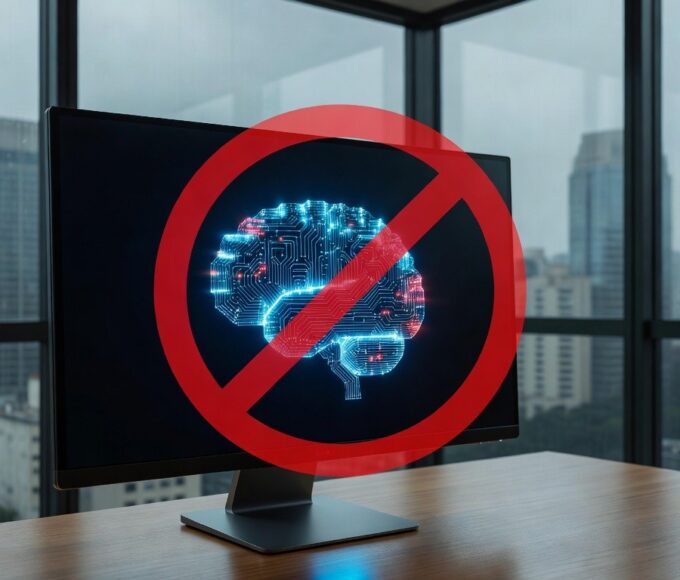 Tela de computador com alerta de IA recusando gerar desinformação, em escritório brasileiro.