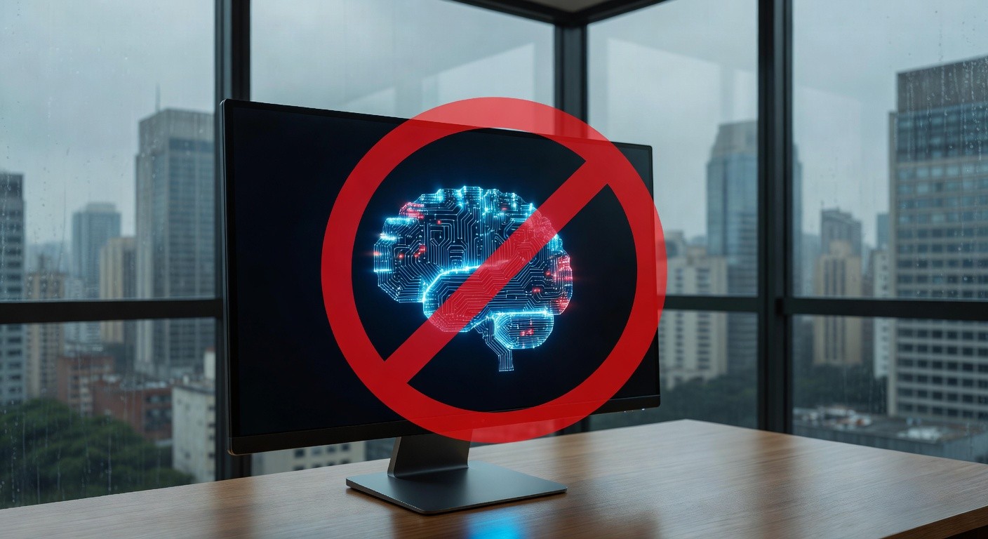 Tela de computador com alerta de IA recusando gerar desinformação, em escritório brasileiro.