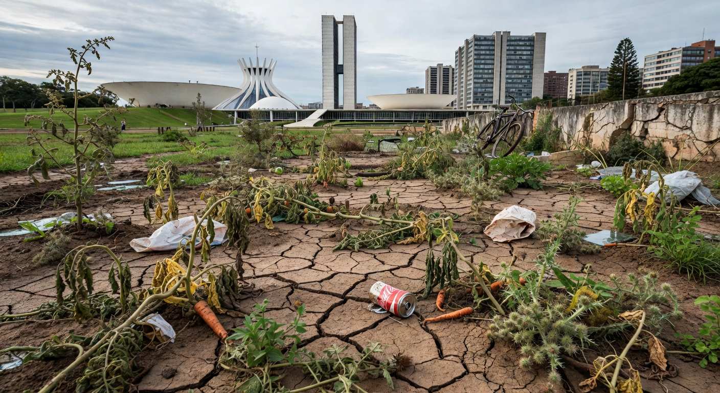 Horta urbana em Brasília com solo seco e edifícios ao fundo, representando debates sobre melhorias na agricultura em meio a crises no DF.