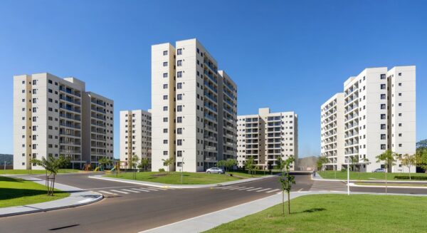 Condomínio de apartamentos no Itapoã Parque, Brasília, representando entrega de 480 moradias pelo governador.