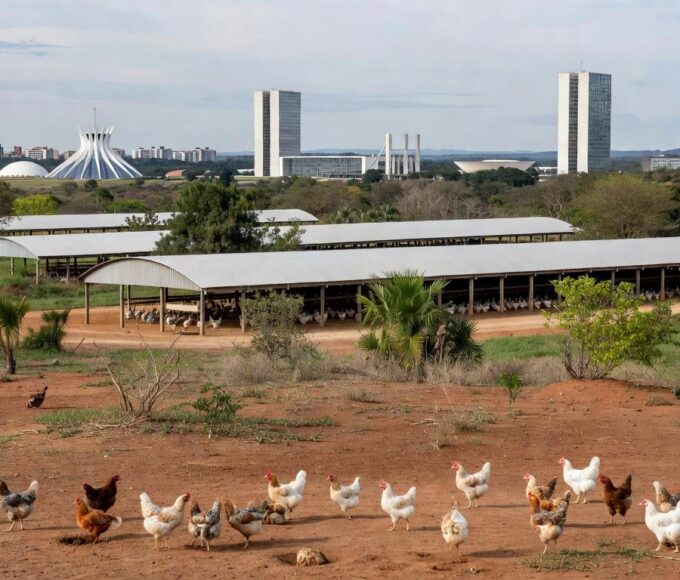 Granja avícola no DF com vista para Brasília, homenageando apoio ao setor de avicultura.