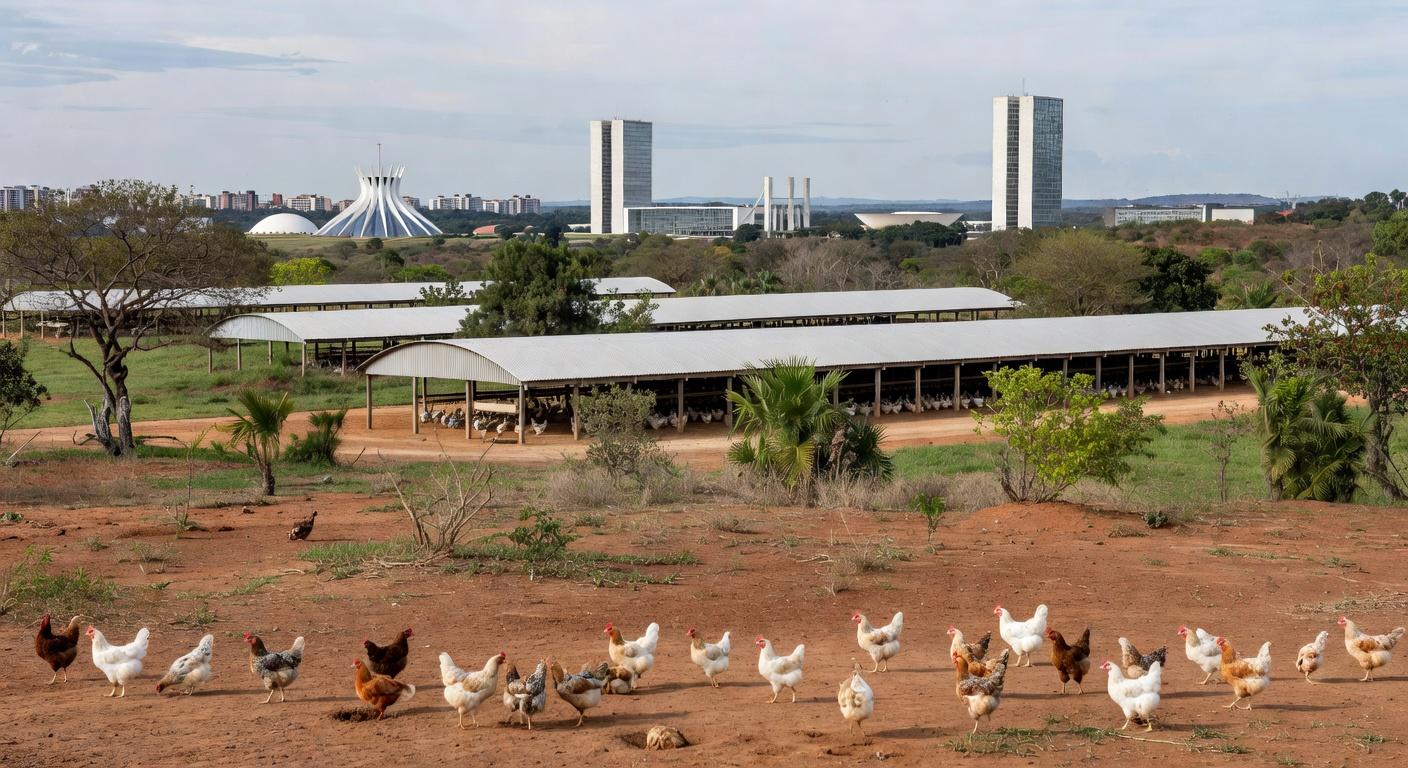 Granja avícola no DF com vista para Brasília, homenageando apoio ao setor de avicultura.