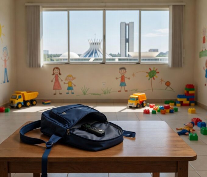 Mochila infantil com gravador escondido em creche vazia no DF, representando caso de maus-tratos flagrados.