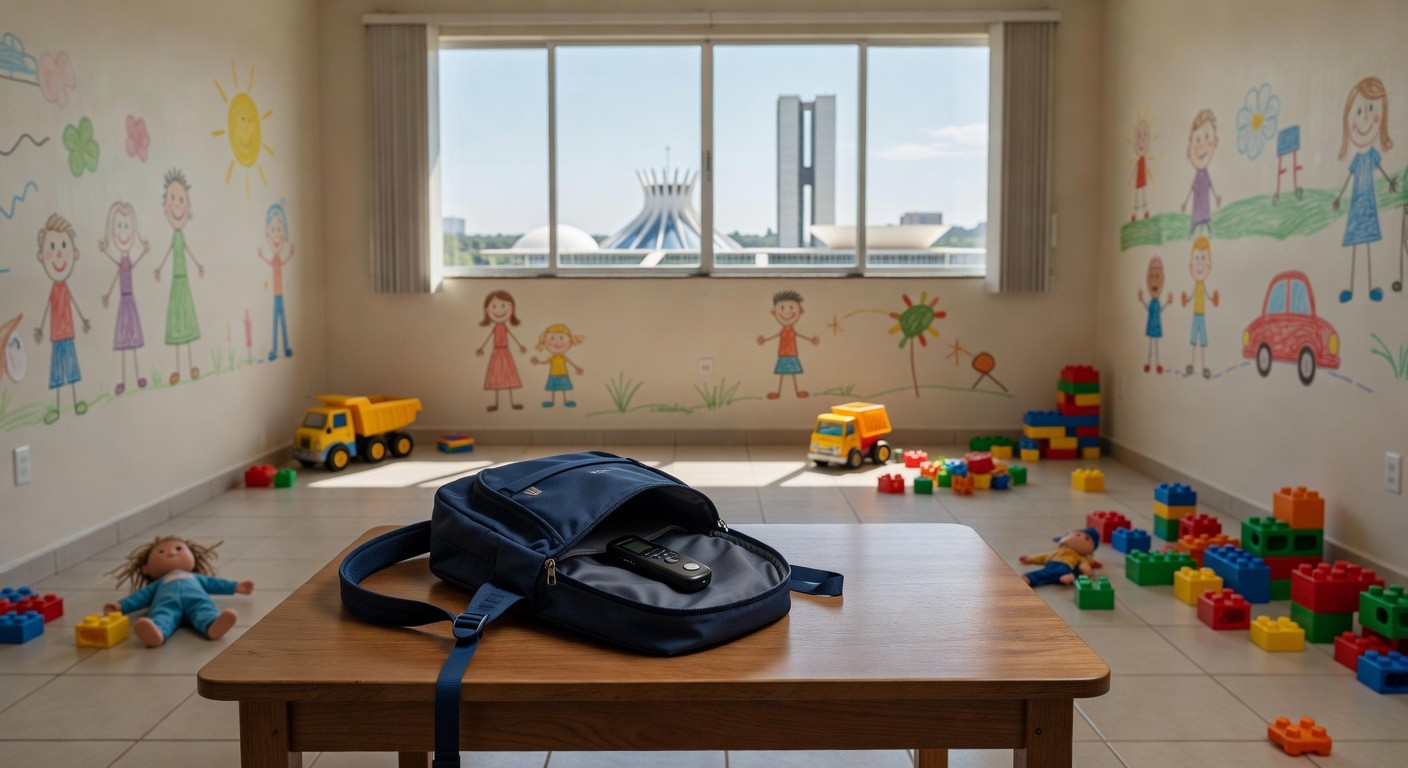 Mochila infantil com gravador escondido em creche vazia no DF, representando caso de maus-tratos flagrados.