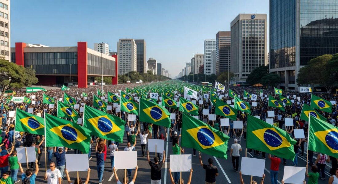 Manifestação política na Avenida Paulista em São Paulo, com multidão e bandeiras do Brasil ao fundo de prédios urbanos.