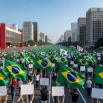 Manifestação política na Avenida Paulista em São Paulo, com multidão e bandeiras do Brasil ao fundo de prédios urbanos.