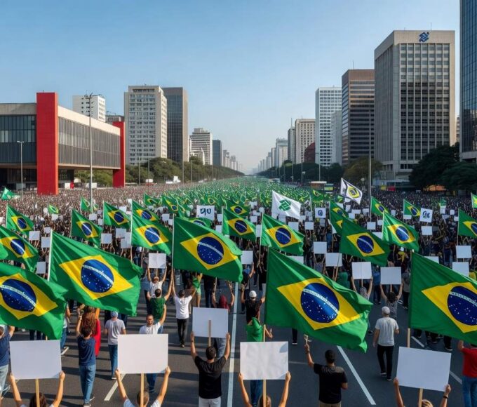 Manifestação política na Avenida Paulista em São Paulo, com multidão e bandeiras do Brasil ao fundo de prédios urbanos.