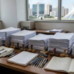 Mesa com pilhas de documentos burocráticos em escritório de saneamento em Brasília, ilustrando críticas por excesso de burocracia.