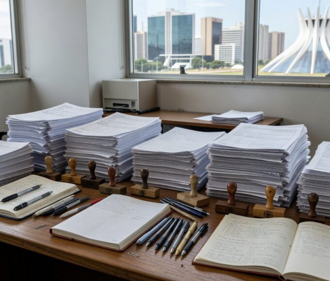 Mesa com pilhas de documentos burocráticos em escritório de saneamento em Brasília, ilustrando críticas por excesso de burocracia.