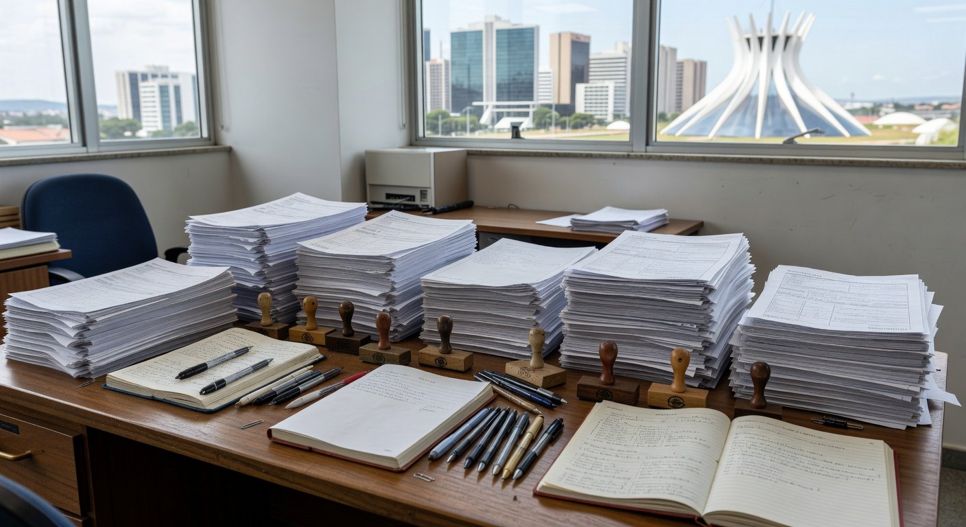 Mesa com pilhas de documentos burocráticos em escritório de saneamento em Brasília, ilustrando críticas por excesso de burocracia.