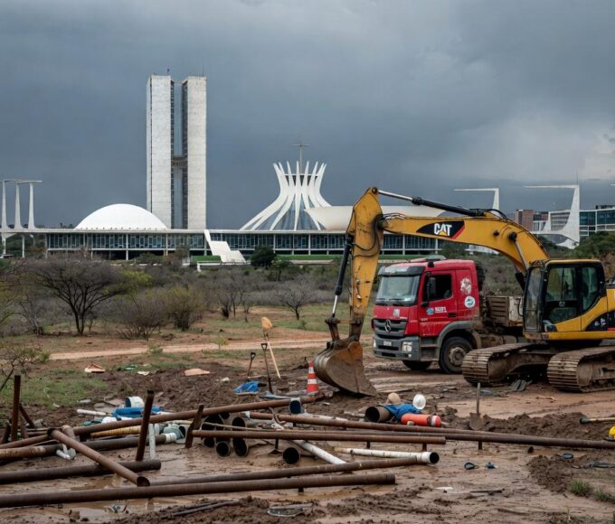 Paisagem seca no DF com reservatório vazio e obras de saneamento em Brasília, destacando crise hídrica e atrasos.