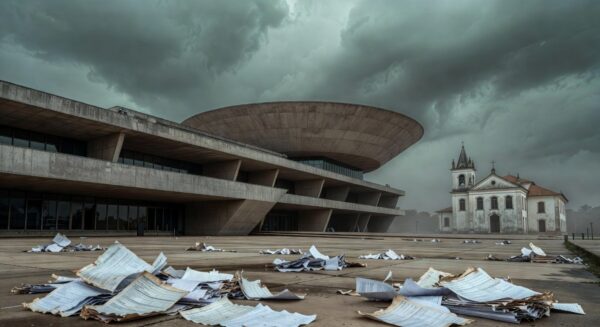 Vista da Câmara Legislativa do DF com templos religiosos ao fundo, ilustrando isenção fiscal polêmica e impactos na arrecadação.