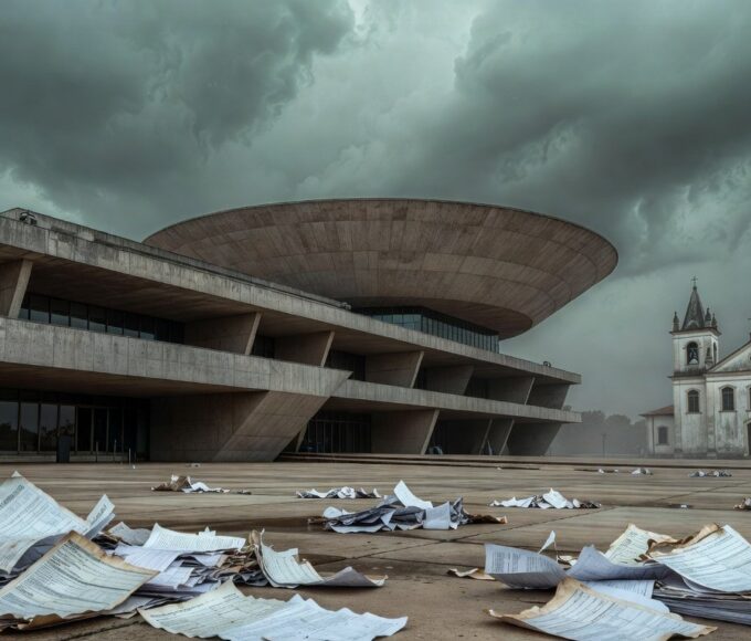 Vista da Câmara Legislativa do DF com templos religiosos ao fundo, ilustrando isenção fiscal polêmica e impactos na arrecadação.