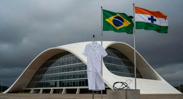Fachada da Câmara Legislativa do DF com símbolos de enfermagem sob céu nublado, representando ironia nos 45 anos do sindicato.
