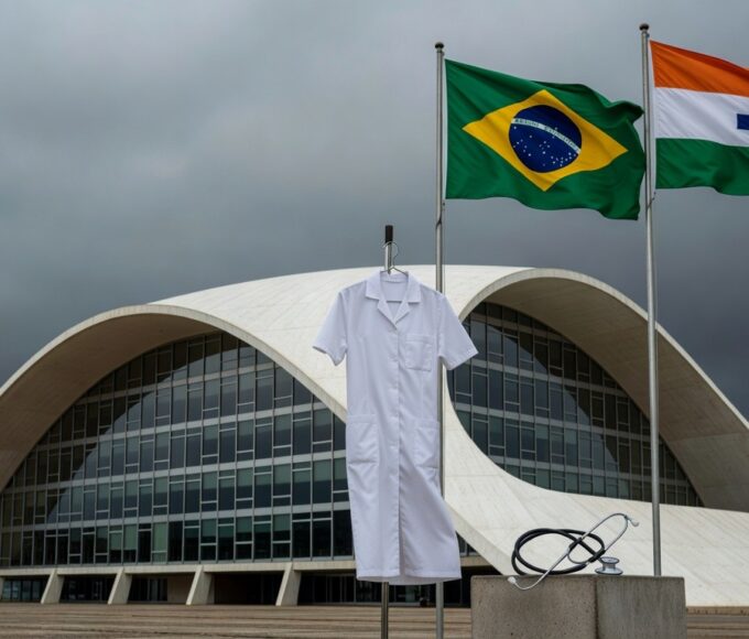 Fachada da Câmara Legislativa do DF com símbolos de enfermagem sob céu nublado, representando ironia nos 45 anos do sindicato.