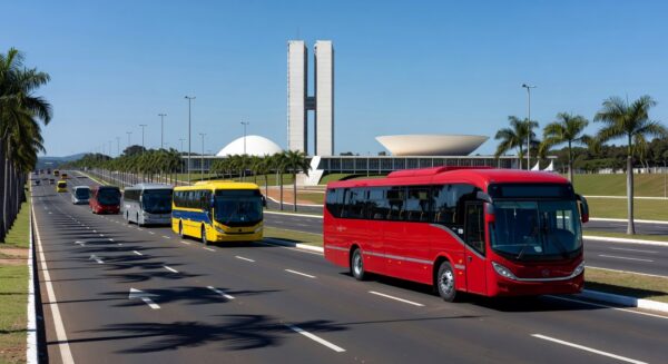 Frota de ônibus do transporte público em Brasília, ilustrando gastos de R$ 3 bilhões em 2025 no Distrito Federal.