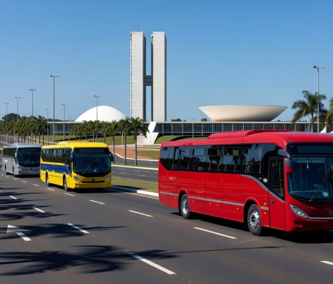 Frota de ônibus do transporte público em Brasília, ilustrando gastos de R$ 3 bilhões em 2025 no Distrito Federal.