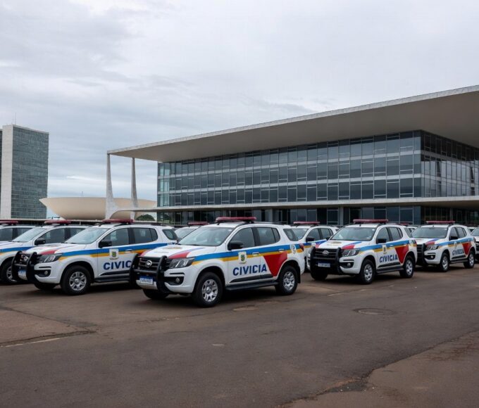 Edifício da CLDF com viaturas da Polícia Civil do DF, representando apoio a projeto de previdência e denúncias de falhas no sistema.