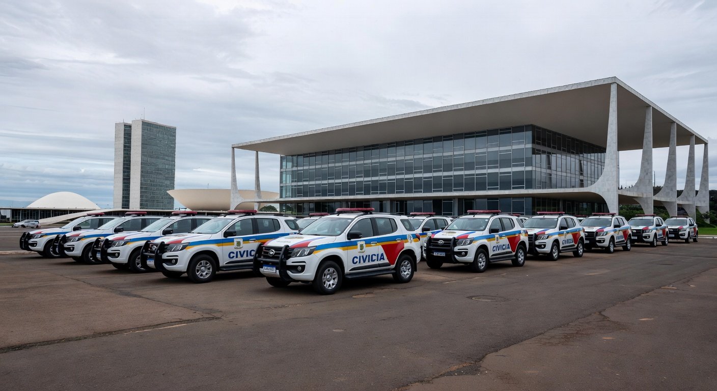 Edifício da CLDF com viaturas da Polícia Civil do DF, representando apoio a projeto de previdência e denúncias de falhas no sistema.