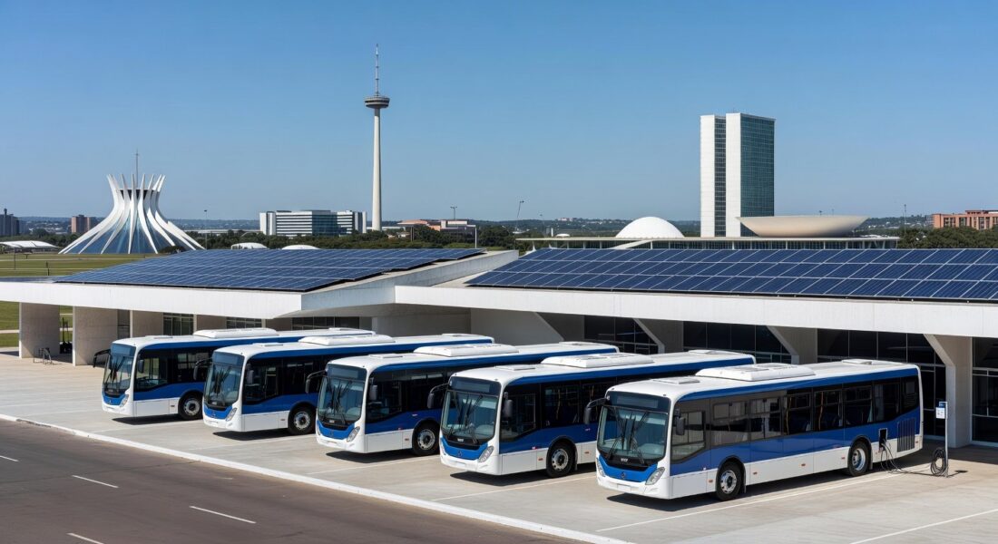 Frota de ônibus elétricos em terminal de Brasília, simbolizando redução de emissões e modernização do transporte público.