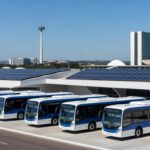 Frota de ônibus elétricos em terminal de Brasília, simbolizando redução de emissões e modernização do transporte público.
